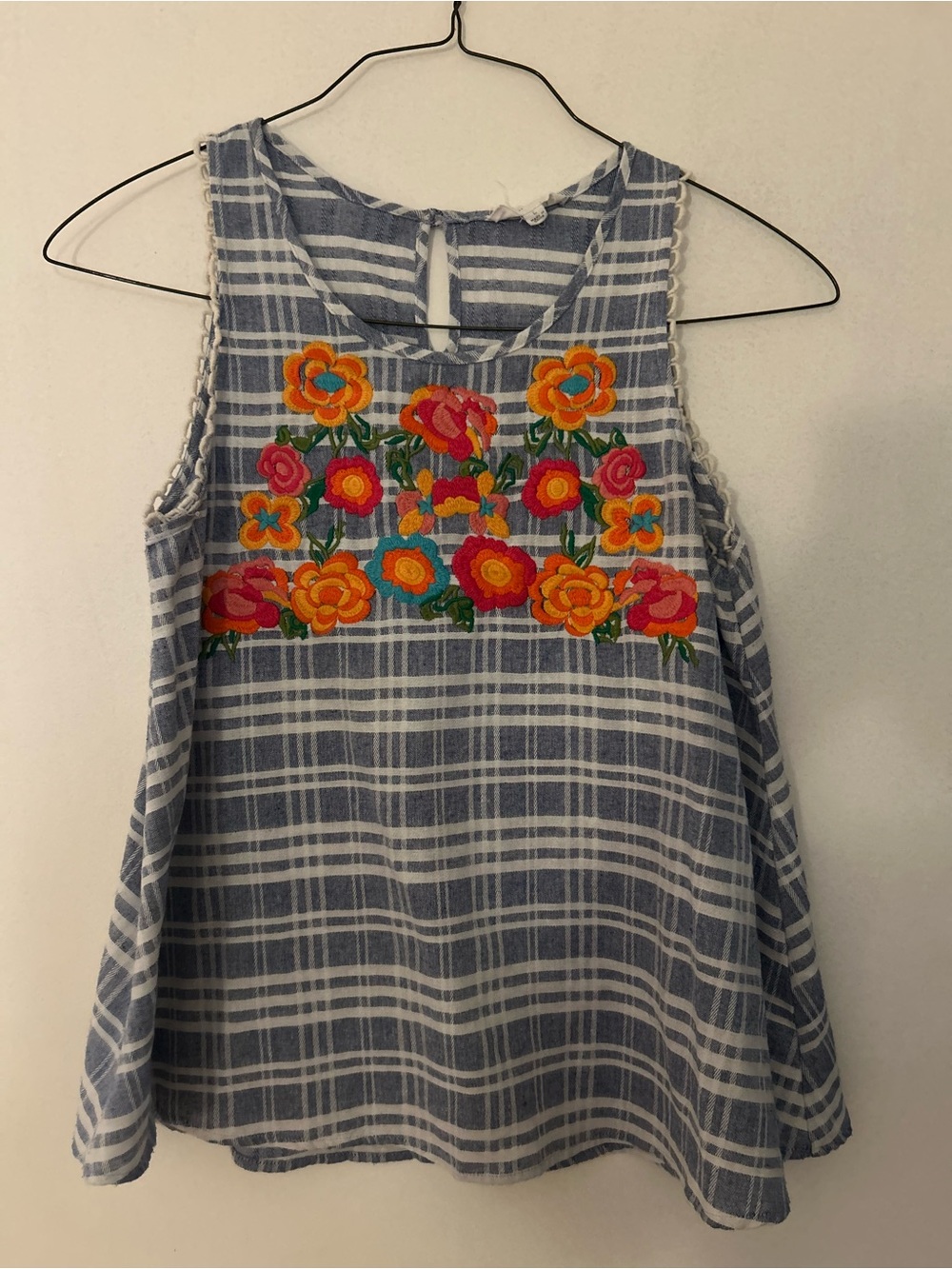 THML Blue & White Plaid Sleeveless Top with Bright Floral Embroidery